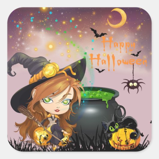 Sticker Carré Happy Halloween Witch Brew et Pumpkins (Devant)