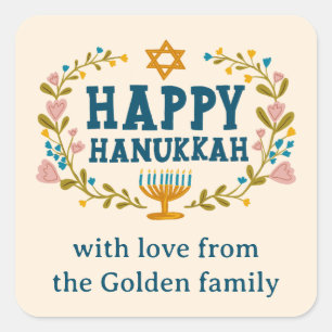 Sticker Carré HAPPY HANOUKKA fleurie couronne juive FÊTE PERSONN