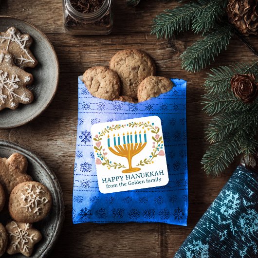 Sticker Carré HAPPY HANOUKKA fleurie couronne juive FÊTE PERSONN