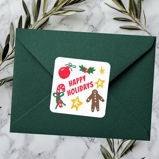 Sticker Carré HAPPY HOLIDAYS Cute Hand-Drawn CUSTOM 