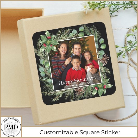 Sticker Carré Happy Holidays Photo Wreath Greenery 