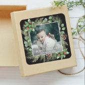 Sticker Carré Happy Holidays Photo Wreath Greenery 