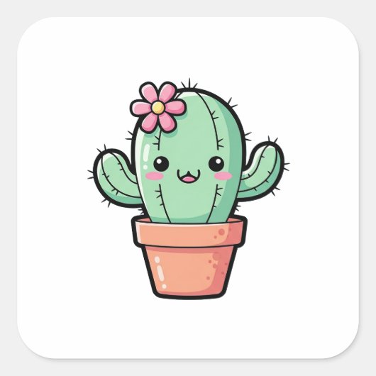 Sticker Carré Happy Kawaii Cactus – Cute Illustration (Devant)