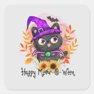 Sticker Carré Happy Meow-o-ween -Chat Sorcière Noire