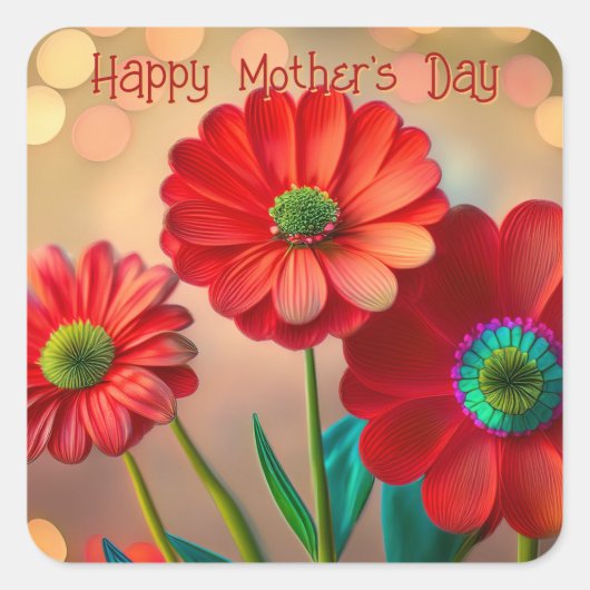 Sticker Carré Happy Mother's Day Three Red Daisies Custom Text (Devant)
