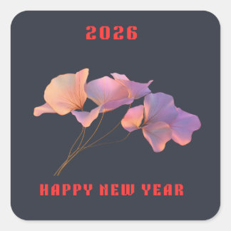 Sticker Carré Happy New Year 2026 Pink Lotus Flower Illustration