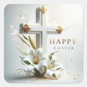 Sticker Carré Happy Pâques, Croix et Lilies Enveloppe Sceau