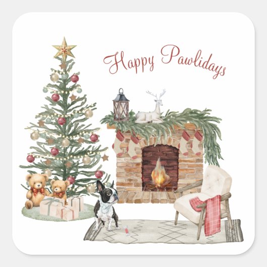 Sticker Carré Happy Pawlidays Chien Design - Boston Terrier (Devant)