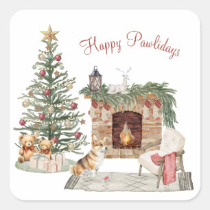 Sticker Carré Happy Pawlidays Chien Design - Corgi
