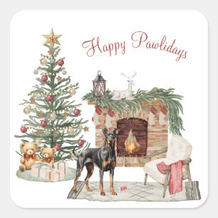 Sticker Carré Happy Pawlidays Chien Design - Doberman Pinscher