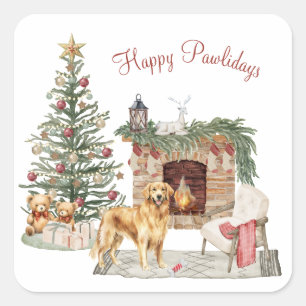Sticker Carré Happy Pawlidays Chien Design - Golden Retriever