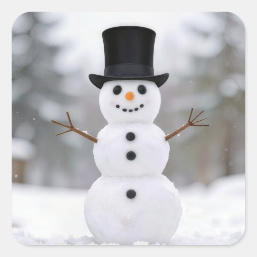 Sticker Carré Happy Snowman Wearing a Top Hat (Devant)