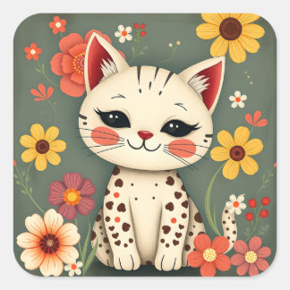 Sticker Carré Happy Spotted Kitty with Flowers