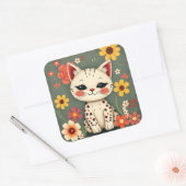 Sticker Carré Happy Spotted Kitty with Flowers (Enveloppe)