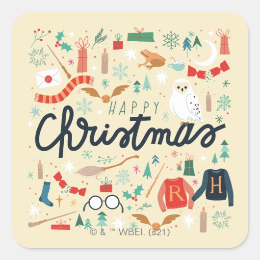 Sticker Carré Harry Potter | Joyeux Noël avec des icônes festive (Devant)