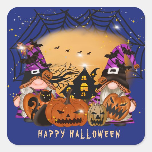 Sticker Carré Hauné House Gnomes et Jack o'Lanterns Halloween (Devant)