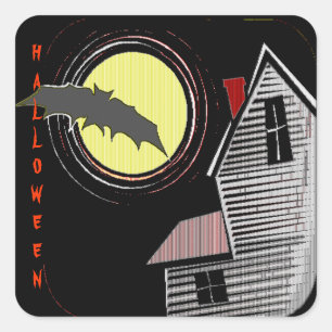 Sticker Carré Haunted House Pleine lune et chauve-souris