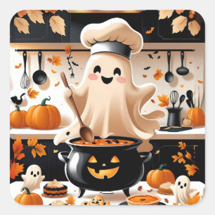 Sticker Carré Haunted & Hungry - Kawaii Ghost Chef dans la Kitch