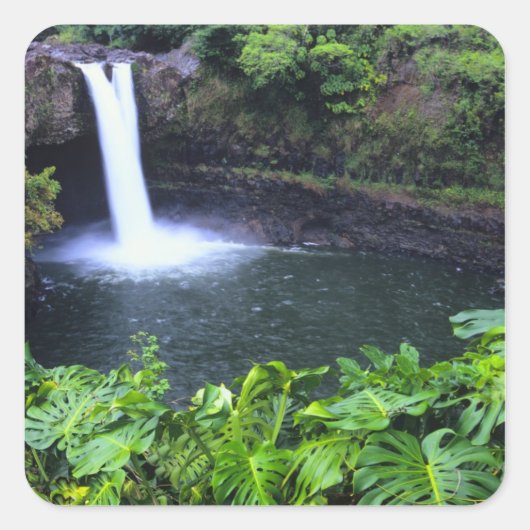 Sticker Carré Hawaii, Big Island, Hilo, Rainbow Falls, Lush (Devant)