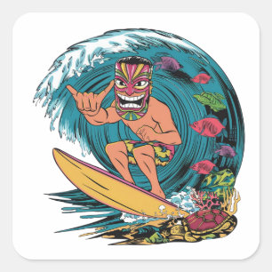 Sticker Carré Hawaii surf vintage badge coloré avec homme en
