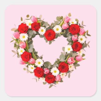 Sticker Carré Heart Shaped Floral Wreath Roses Daisies Tulips