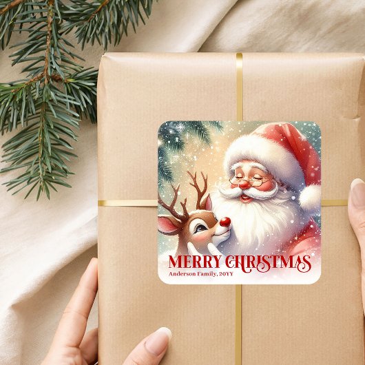 Sticker Carré Heartwarming Personalized Santa and Rudolph Sticke