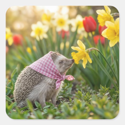 Sticker Carré Hedgehog Sniffing a Yellow Daffodil (Devant)