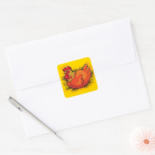 Sticker Carré Hen on Nest Bright Farmyard Chicken