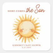 Sticker Carré Here Comes The Son Boho Sunshine Cute Baby Shower (Devant)