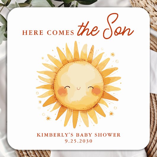 Sticker Carré Here Comes The Son Boho Sunshine Cute Baby Shower