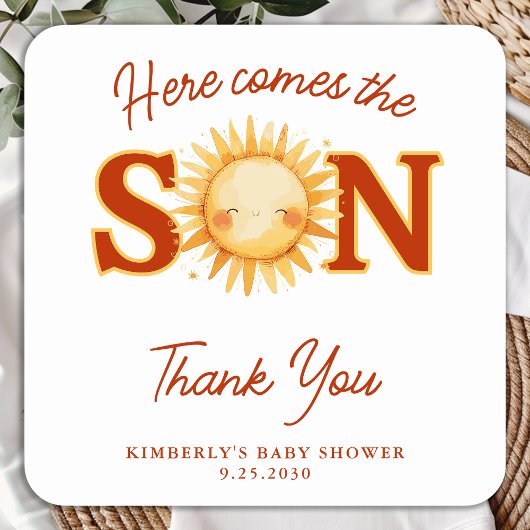 Sticker Carré Here Comes The Son Sunshine Boho Cute Baby Shower