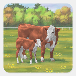 Sticker Carré Hereford Cow & Cute Calf dans les pâturages d'été