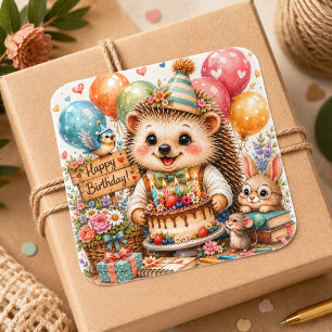 Sticker Carré Hérisson Mignon Joyeux Anniversaire Amis de la For