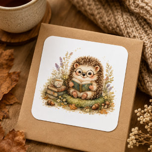 Sticker Carré Hérisson Mignon Lisant un Livre Automne Cosy