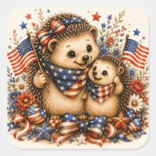 Sticker Carré Hérisson Patriotique Maman et Bébé Art à l'Aquarel
