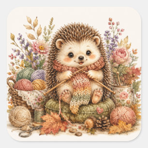 Sticker Carré Hérisson tricot mignon Cottagecore aquarelle