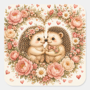 Sticker Carré Hérissons Mignons Amoureux Fleur Coeur Saint-Valen