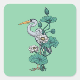 Sticker Carré Héron dans le jardin de lotus blanc sur jade