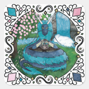 Sticker Carré Heure du thé au dragon oriental Imaginaire bleu