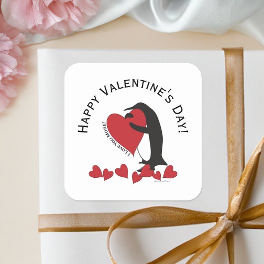 Sticker Carré HEUREUSE SAINTE-VALENTIN ! Coeur rouge et pingouin