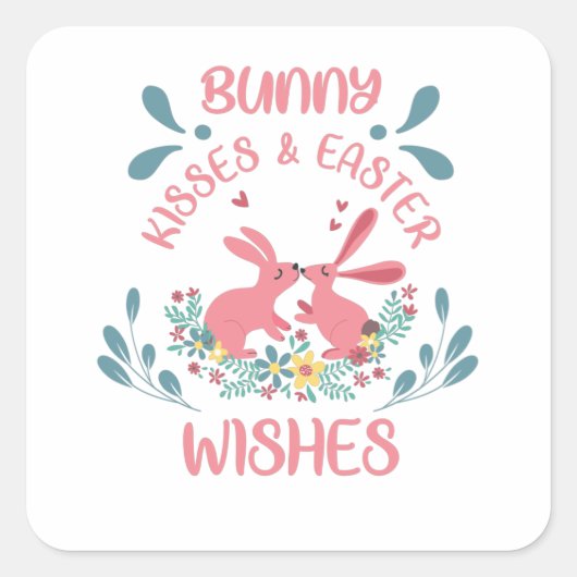 STICKER CARRÉ HEUREUX BUNNY DE PÂQUES KISSES-SOUHAITS DE PÂQUES (Devant)