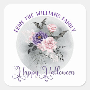 Sticker Carré heureux halloween gris lune et roses d'aquarelle
