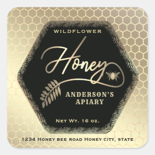 Sticker Carré Hexagon branche or abeille miel pot