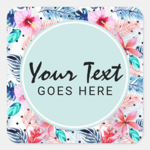 Sticker Carré Hibiscus hawaïens tropicaux et aquarelle en feuill