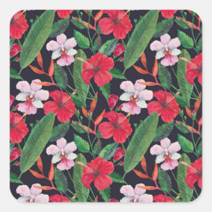 Sticker Carré hibiscus rouge, orchidées, aquarelle tropicale.