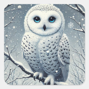 Sticker Carré Hibou des neiges perché sur une branche enneigée