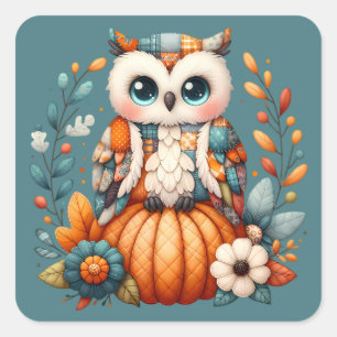 Sticker Carré Hibou Patchwork sur Citrouille — Cottagecore Autom