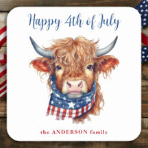 Highland Cow 4 juillet rouge blanc bleu bleu patri