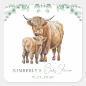 Sticker Carré Highland Cow Boho Baby shower vert Sage (Devant)