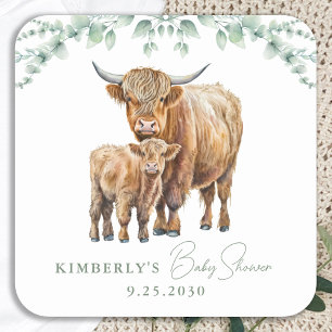 Sticker Carré Highland Cow Boho Baby shower vert Sage
